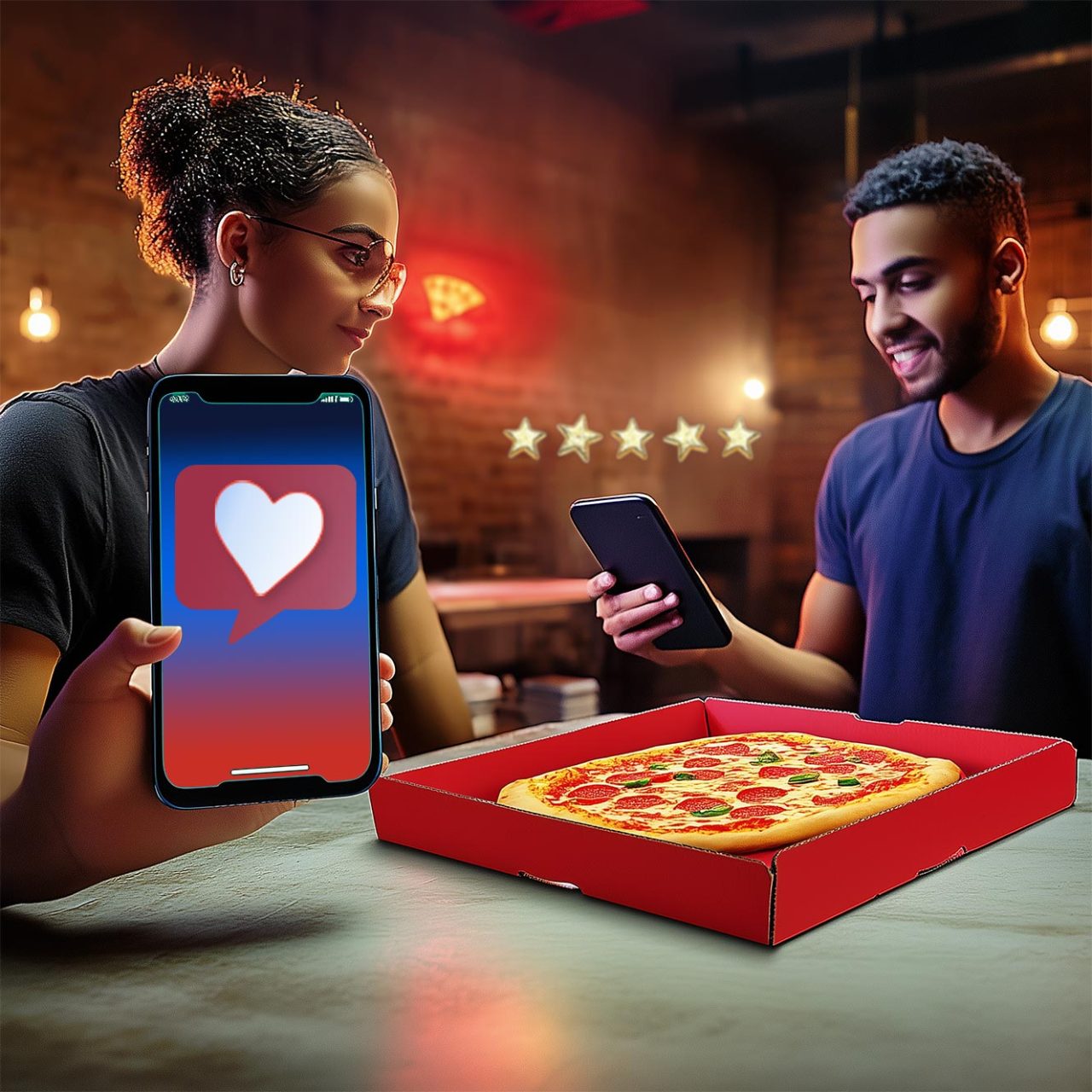 A diner using a smartphone to share a restaurant experience
