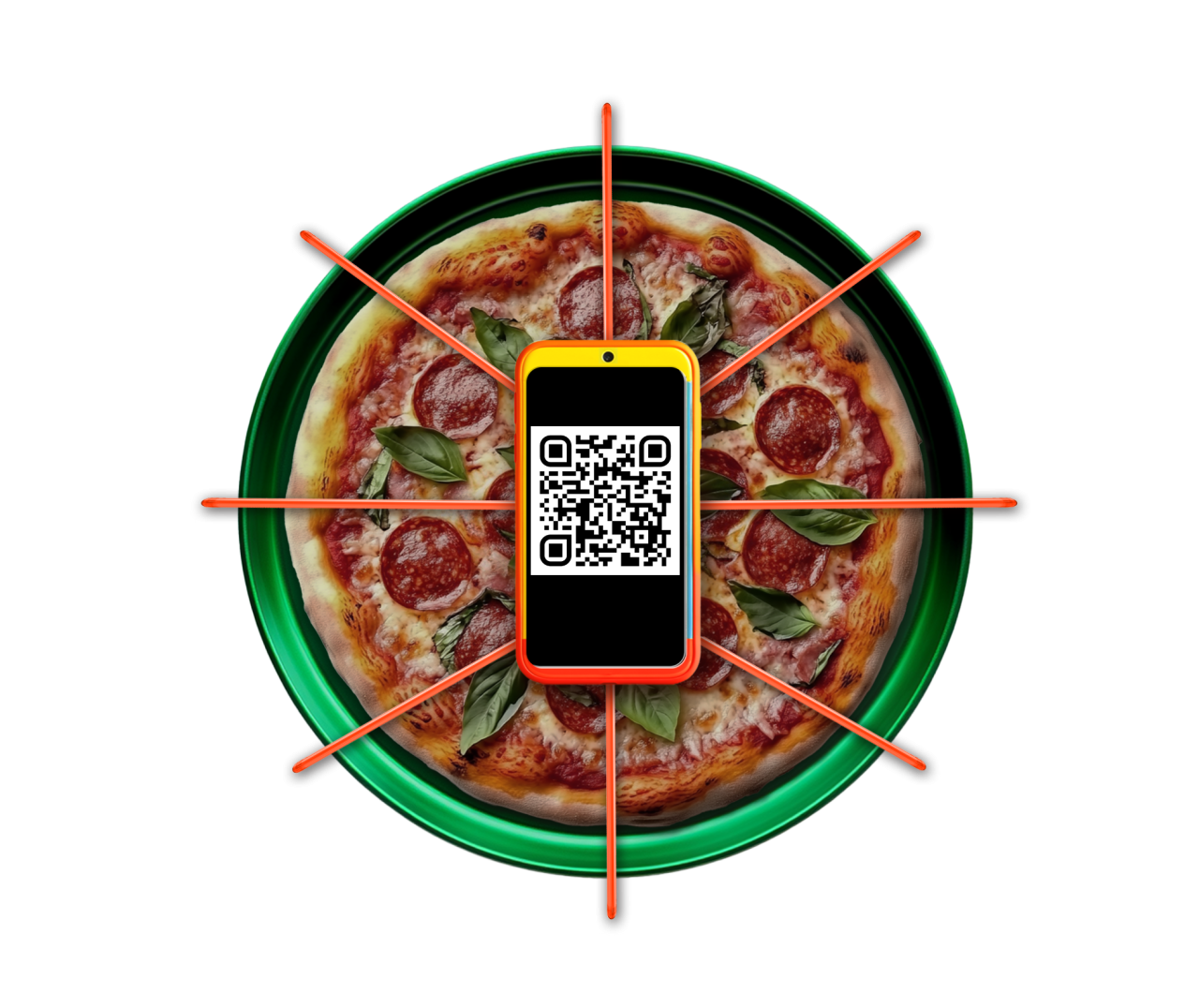 A pizza-shaped marketing flow diagram showing a smart QR code connected to reviews, loyalty programs, social media, events, employees, and rewards